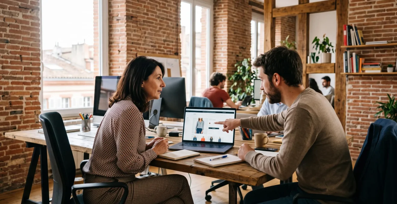 Un chef de projet e-commerce présente une boutique en ligne à un client dans une agence.