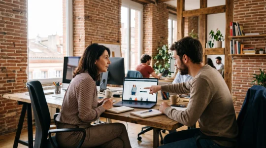 Un chef de projet e-commerce présente une boutique en ligne à un client dans une agence.