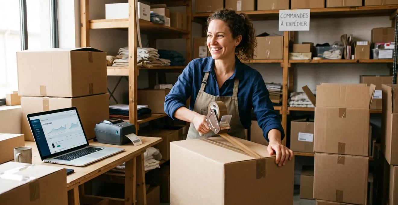 Une entrepreneuse prépare une commande dans son local avant le lancement de sa boutique.